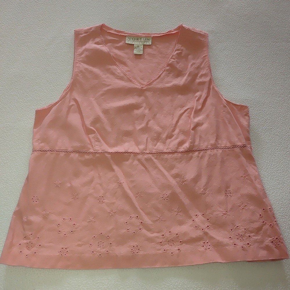 Norton McNaughton Sleeveless V-Neck Blouse Top Size XL Linen Blend Perforated